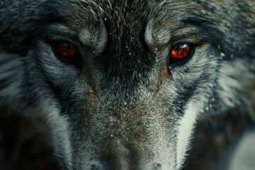 Sticker - Closeup of a mysterious wolf with fiery red eyes amidst a gentle snowfall