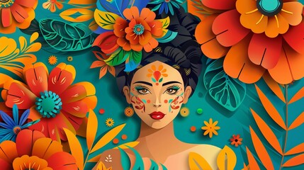 An artistic composition featuring a portrait surrounded by an abundant arrangement of vibrant flowers and leaves, creating a harmonious and lively visual experience.