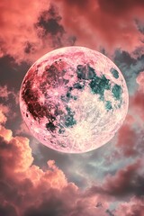 Aufkleber - A bright pink full moon shining through a layer of clouds in the night sky