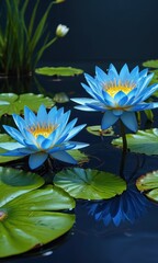 Poster - Blue Water Lily Flowers in Bloom.