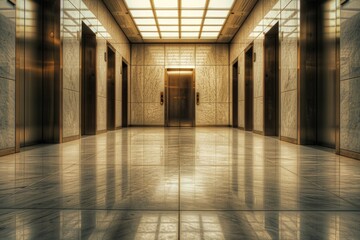 Wall Mural - A long hallway with two elevators at either end, often used as a waiting area or corridor