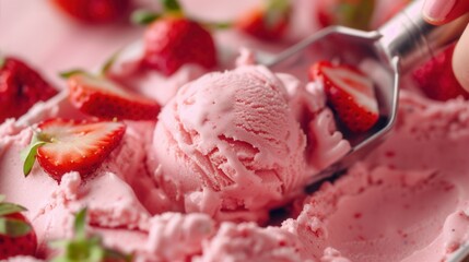 Closeup view texture of tasty strawberry ice cream.