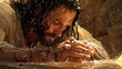© Damerfie - A striking image of a man with long hair, hands clasped in prayer and bleeding, while water splashes around, highlighting strength and faith.