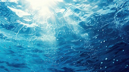 Wall Mural - Blue water surface with ripples and bubbles Abstract nature background with sunlight reflections