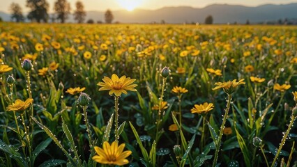 Sticker - Yellow Flowers in a Field at Sunrise.