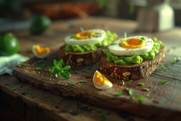 Aufkleber - A wooden cutting board topped with fresh eggs and ripe avocado, ready for a healthy breakfast or snack