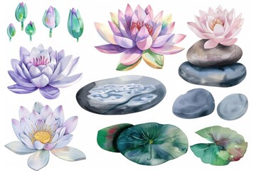 Poster - A bouquet of colorful flowers surrounded by stones, created using watercolor techniques