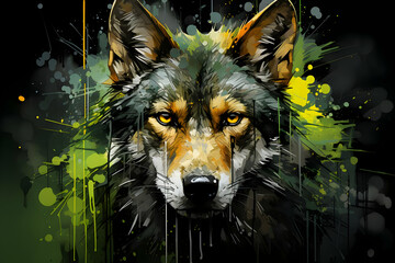 Canvas Print - Wolf Portrait with Green Splatter