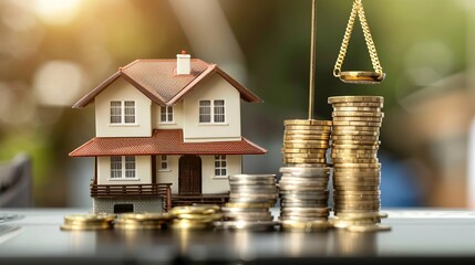 Wall Mural - A detailed image of a house model, stacks of coins, and a balance scale on a blurred background, illustrating the concept of real estate finances, investments, and market value.