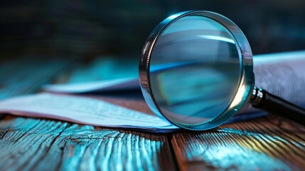 Wall Mural - A magnifying glass highlighting text on an open modern book, placed on a wooden table with a blue tint lighting, emphasizing study and attention to detail.