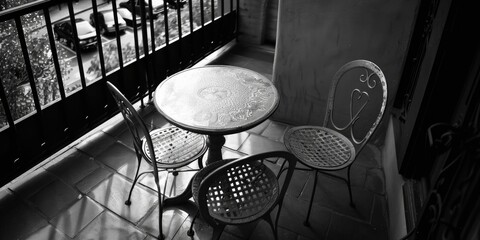 Poster - A minimalist interior scene featuring a table and chairs in a stark black and white color scheme