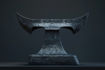 Poster - A stone sculpture of a large axe sitting on top of a wooden table