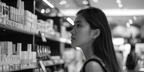 Aufkleber - A woman examining products in a store