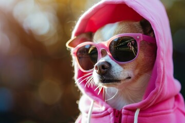 Canvas Print - Fashionable chihuahua dog wearing a pink hoodie and heartshaped sunglasses