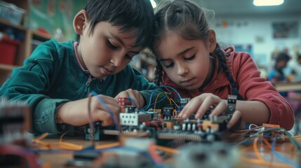 Two young students working together on an electronic device, using wires and components