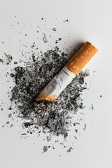 Poster - A discarded cigarette with a pile of ash, often found in public places or at home