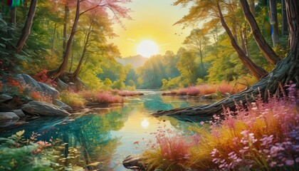 Sticker - Enchanting Sunrise Over a Tranquil Forest River.