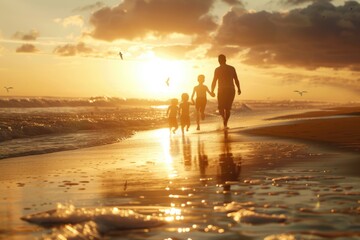 Sticker - A family of three walks together along the shoreline as the sun sets in the background, with calm waves and sandy dunes