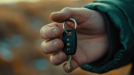 Aufkleber - A person standing with a car key in hand, ready to unlock a vehicle
