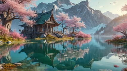 Canvas Print - Tranquil Lakeside Temple with Cherry Blossoms.