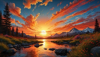Wall Mural - Majestic Sunset Over Mountain River.