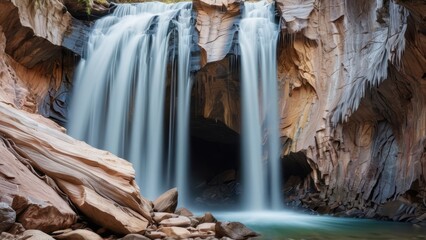 Canvas Print - Waterfall cascading into a cave in a canyon.