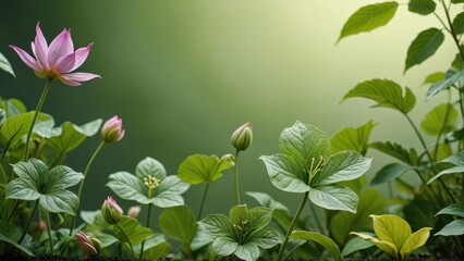 Wall Mural - Pink Flower Bud with Green Leaves.