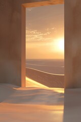 Wall Mural - An empty room filled sands, with a sandy floor, gentle waves of dunes stretching into the distance, and a setting sun casting long shadows.