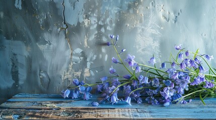 Wall Mural - Bluebells Arranged on Aged Table Campanula Blooms Retro Floral Backdrop Empty Area