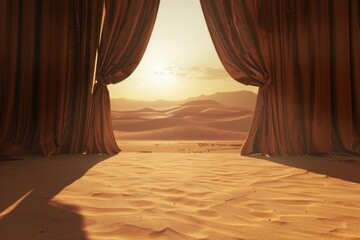 Wall Mural - An empty stage on a desert dune, with a sandy floor, gentle waves of dunes stretching into the distance, and a setting sun casting long shadows