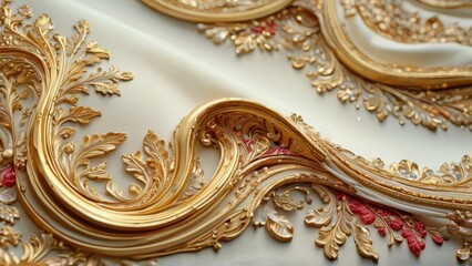 Aufkleber - A richly detailed background in gold and silver features intricate Thai temple carvings