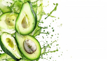 Fresh avocado fruit with water splash closeup view