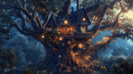 A tree house is shown in the woods with a lighted lantern on the roof