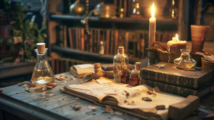 A table with a book, a candle, and a few vials of liquid. The table is cluttered with various items, including a bottle of oil, a book, and a candle. The scene gives off a cozy and intimate atmosphere