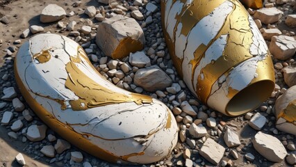 Sticker - Abstract Gold and White Sculptures on Stone Ground.