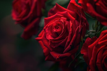 Sticker - Closeup of vibrant red roses against a dark, moody background