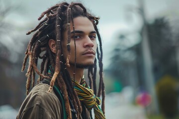 Poster - Portrait of a young man with impressive dreadlocks in an urban setting, exuding confidence and style