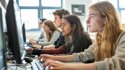 Group of students sitting in a college room Female and male students studying computer science