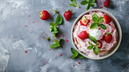 Wall Mural - Pink yogurt and mint pancakes on grey stone background Ideal morning meal