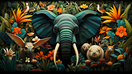 Wall Mural - Papercraft Jungle: Elephant & Friends