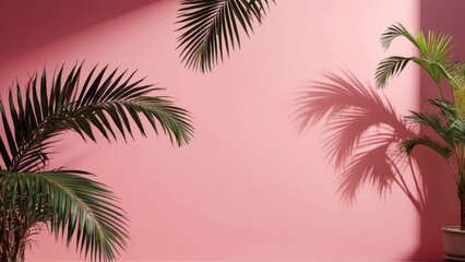 Wall Mural - Palm Leaves and Shadows on Pink Wall.