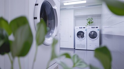 Photo of interior of laundry room with white washing machine