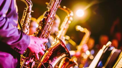 Photos of live jazz at the festival Saxophonist and band perform on stage