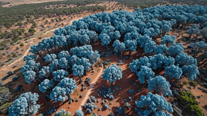 Poster - Aerial View of a Forest with Blue Trees.