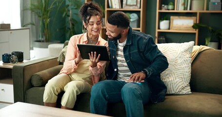 Poster - Happy, couple and tablet on sofa in home, people and man with smartphone for browsing or woman showing ecommerce post. Living room, relationship and bonding or relax, communication and together
