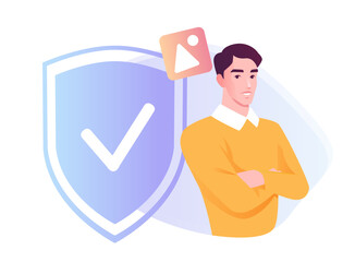 Poster - internet security. smiling social media user stands next to shield. personal data protection and cyb