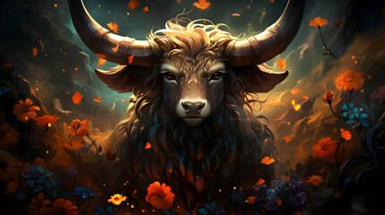 Wall Mural - Majestic Bull in a Flower Field