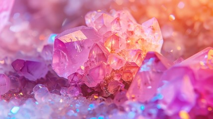 Poster - Photo of pink abstract background with crystals and stones. Beautiful design concept of Crystal SPA and Healing Concept