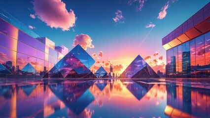 Poster - Futuristic Cityscape with Geometric Buildings and Reflections.