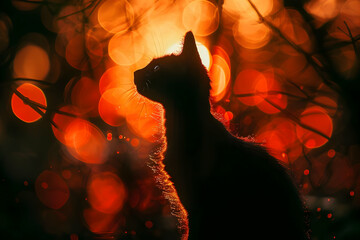 Poster - Black Cat Silhouette in Sunset Bokeh